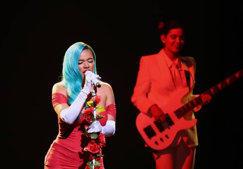 INGLEWOOD, CALIFORNIA - MARCH 02: Honoree Karol G (L) performs onstage during Billboard Women in Music 2022 at YouTube Theater on March 02, 2022 in Inglewood, California. (Photo by Emma McIntyre/Getty Images for Billboard)