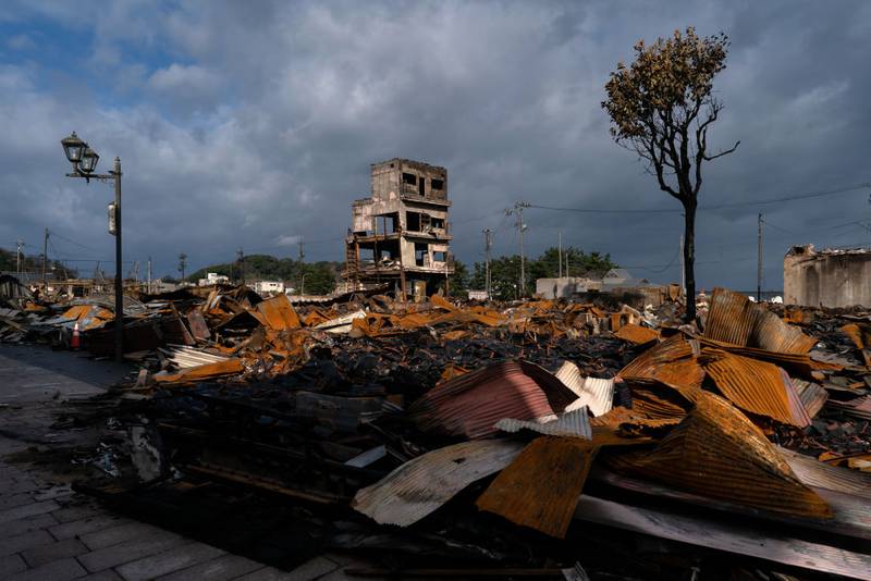 WAJIMA, JAPAN - JANUARY 05: The Asaichi Yokocho, or Wajima Morning Market, is seen after a fire incident following an earthquake on New Year's Day on January 05, 2024 in Wajima, Japan. A series of major earthquakes have reportedly killed at least 92 people, injured dozens more and destroyed a large amount of homes. The earthquakes, the biggest measuring 7.1 magnitude, hit the areas around Ishikawa, Toyama and Niigata in central Japan on Monday. (Photo by Tomohiro Ohsumi/Getty Images)