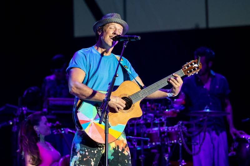 Jason Mraz performs during his "Mystical Magical Rhythmical Radical Ride" tour at Skyla Credit Union Amphitheatre in Charlotte on Aug. 5, 2023.