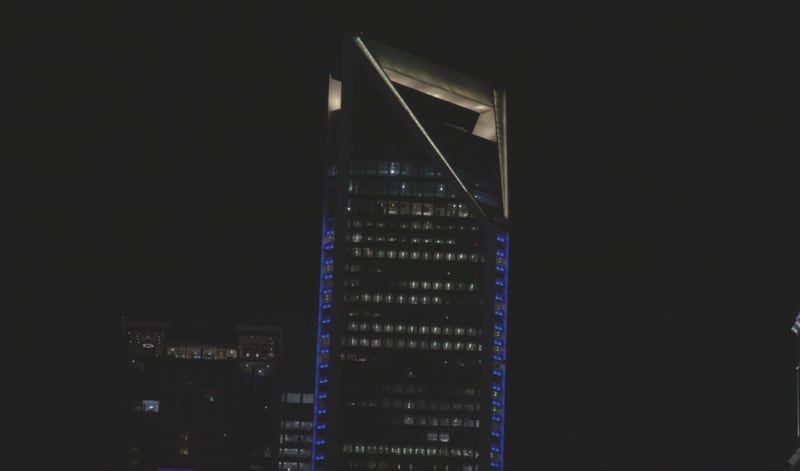 Wells Fargo lights turned Blue and Gold to Celebrate 20 years of Steve's Coats for Kids