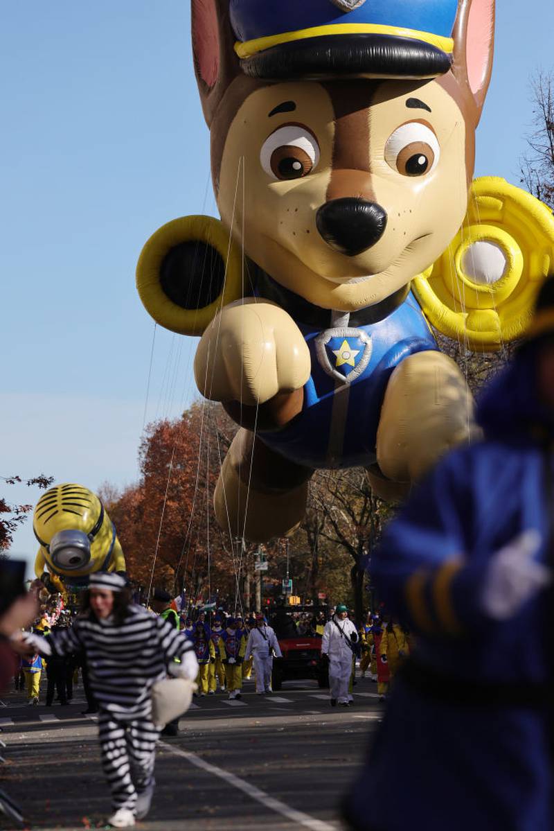 NEW YORK, NEW YORK - NOVEMBER 23: The PAW Patrol’s Chase balloon heads down the parade route during the Macy's Thanksgiving Day Parade on November 23, 2023 in New York City. (Photo by Michael Loccisano/Getty Images)