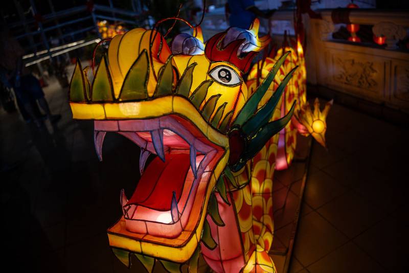 KUALA LUMPUR, MALAYSIA - FEBRUARY 09: A dragon lantern decoration seen during a Lunar New Year celebration at Thean Hou Temple on February 09, 2024, in Kuala Lumpur, Malaysia. Chinese New Year in Malaysia is marked by family gatherings, festive adornments and traditional rituals embodying a spirit of hope and renewal for the year ahead, and aims to bring joy and prosperity to all while fostering a sense of unity and hope for a successful Year of the Dragon. (Photo by Annice Lyn/Getty Images)