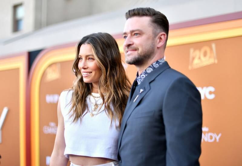LOS ANGELES, CALIFORNIA - MAY 09: (L-R) Jessica Biel and Justin Timberlake attend the Los Angeles Premiere FYC Event for Hulu's "Candy" at El Capitan Theatre on May 09, 2022 in Los Angeles, California. (Photo by Jerod Harris/Getty Images)