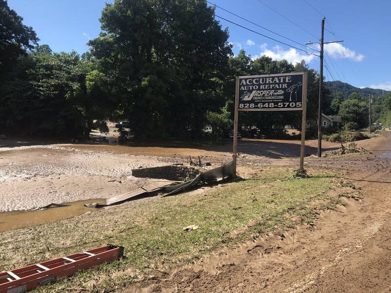 AUGUST 18, 2021 - Accurate Auto Repair in Canton, North Carolina, after suffering flood damage. (Photo Credit: WLOS Staff)