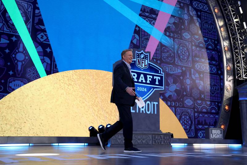 DETROIT, MICHIGAN - APRIL 25: NFL Commissioner Roger Goodell walks onstage during the first round of the 2024 NFL Draft at Campus Martius Park and Hart Plaza on April 25, 2024 in Detroit, Michigan. (Photo by Gregory Shamus/Getty Images)