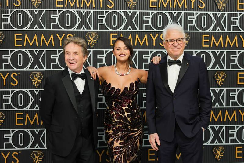 LOS ANGELES, CALIFORNIA - JANUARY 15: (L-R) Martin Short, Selena Gomez and Steve Martin attend the 75th Primetime Emmy Awards at Peacock Theater on January 15, 2024 in Los Angeles, California. (Photo by Neilson Barnard/Getty Images)
