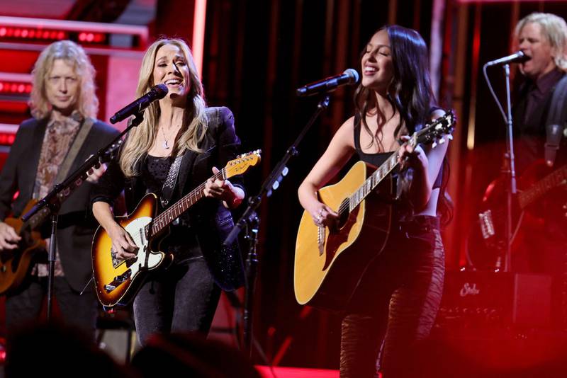 NEW YORK, NEW YORK - NOVEMBER 03: (L-R) Sheryl Crow and Olivia Rodrigo perform onstage during the 38th Annual Rock & Roll Hall Of Fame Induction Ceremony at Barclays Center on November 03, 2023 in New York City. (Photo by Theo Wargo/Getty Images for The Rock and Roll Hall of Fame )
