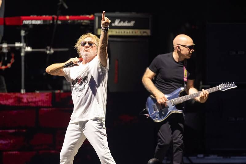 Sammy Hagar and Joe Satriani perform during the Best of All Worlds Tour at PNC Music Pavilion on July 19, 2024.