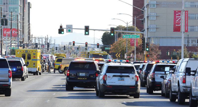 LAS VEGAS, NEVADA - DECEMBER 06: Emergency responder vehicles line Maryland Parkway on the east side of the UNLV campus after a shooting on December 06, 2023 in Las Vegas, Nevada.  According to Las Vegas Metro Police, a suspect is dead and multiple victims are reported after a shooting on the campus. (Photo by Ethan Miller/Getty Images)