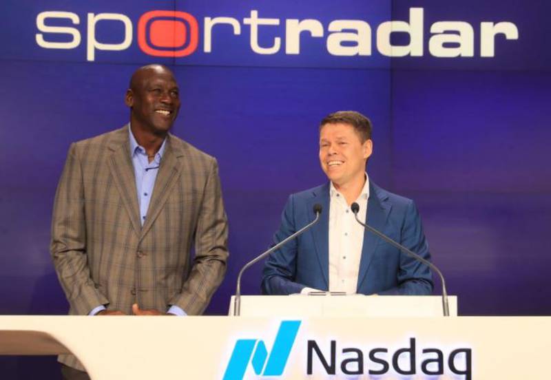 Investor Michael Jordan joins Sportradar founder and CEO Carsten Koerl for remarks before ringing the Nasdaq opening bell in celebration of the launch of the company’s IPO on Sept. 14 in New York City.