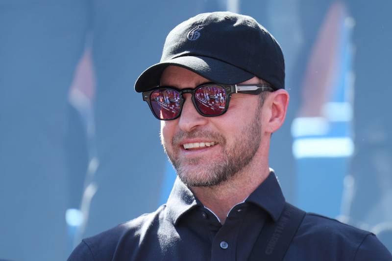 ROME, ITALY - SEPTEMBER 30: Musician, Justin Timberlake, looks on during the Saturday afternoon fourball matches of the 2023 Ryder Cup at Marco Simone Golf Club on September 30, 2023 in Rome, Italy. (Photo by Andrew Redington/Getty Images)