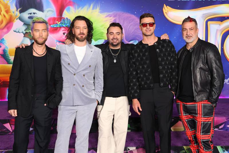 HOLLYWOOD, CALIFORNIA - NOVEMBER 15: (L-R) Lance Bass, JC Chasez, Chris Kirkpatrick, Justin Timberlake, and Joey Fatone 
 attend special screening of Universal Pictures' "Trolls: Band Together" - arrivals at TCL Chinese Theatre on November 15, 2023 in Hollywood, California. (Photo by Leon Bennett/Getty Images)