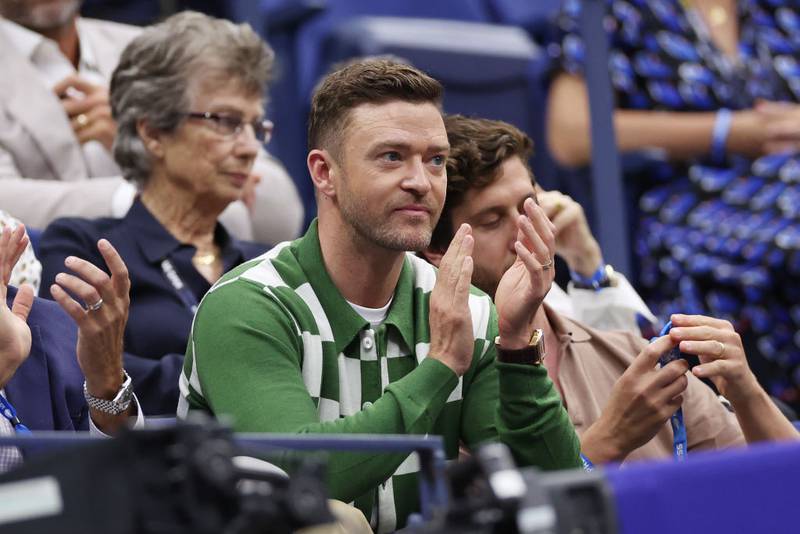 NEW YORK, NEW YORK - SEPTEMBER 10: American singer-songwriter Justin Timberlake looks on during the Men's Singles Final match between Novak Djokovic of Serbia and Daniil Medvedev of Russia on Day Fourteen of the 2023 US Open at the USTA Billie Jean King National Tennis Center on September 10, 2023 in the Flushing neighborhood of the Queens borough of New York City. (Photo by Matthew Stockman/Getty Images)
