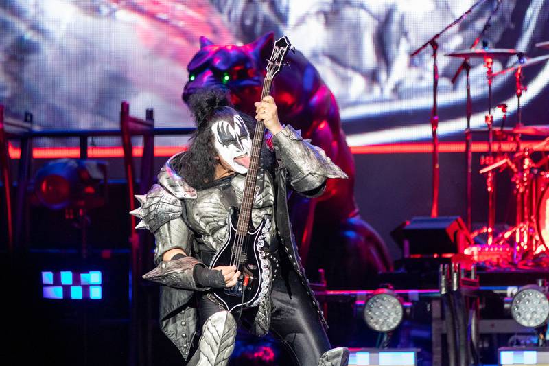 Gene Simmons of the legendary rock band Kiss performs during the “End of the Road Tour” at Coastal Credit Union Music Park at Walnut Creek in Raleigh. May 17, 2022.