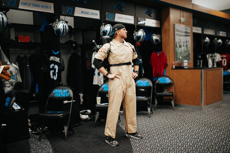 Panthers rookie Thomas Fletcher as a Ghostbuster.