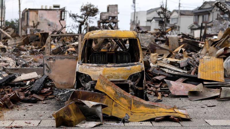 WAJIMA, JAPAN - JANUARY 05: The Asaichi Yokocho, or Wajima Morning Market, area, is seen after a fire incident following an earthquake on January 05, 2024 in Wajima, Japan. On New Year's Day, a series of major earthquakes reportedly killed at least 92 people, injured dozens more and destroyed a large amount of homes. The earthquakes, the biggest measuring 7.1 magnitude, hit the areas around Ishikawa, Toyama and Niigata in central Japan. (Photo by Tomohiro Ohsumi/Getty Images)