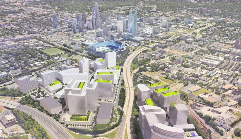 A rendering from CBRE shows how the Charlotte Pipe site could be developed to serve as "a front door to the center city.”