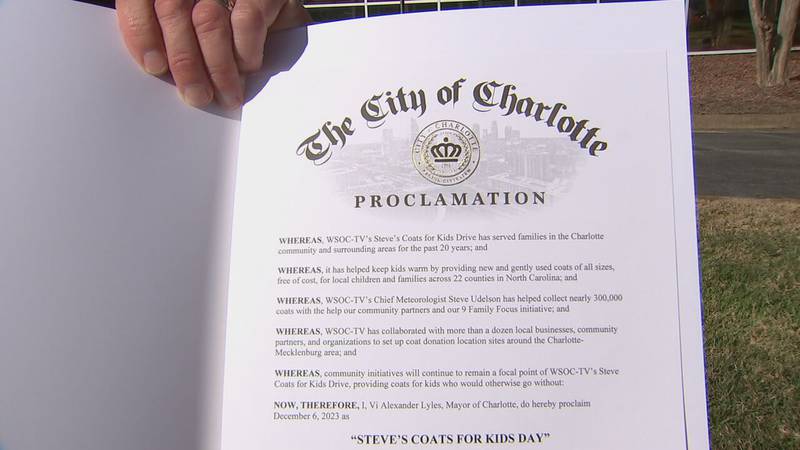 City of Charlotte Proclamation for Steve’s Coats for Kids Day