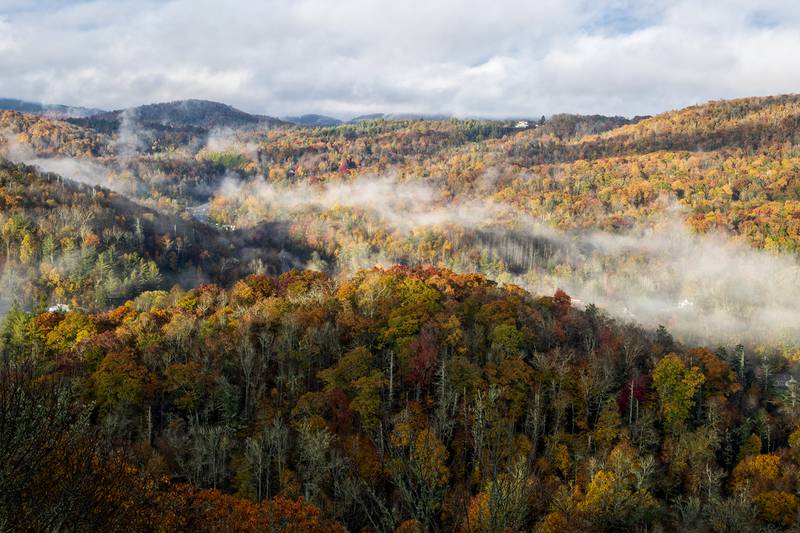 As seen during the morning hours of Oct. 29 from Grandfather Mountain, dazzling fall color rolls along the landscape toward the nearby town of Linville, as low-laying clouds drift through the valleys. Colors are beaming at the 3,000-foot elevation range, and higher-up vantage points like Grandfather Mountain are ideal for taking in the wonder.