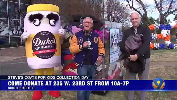 Charlotte Sports Foundation and Duke's Mayo Bowl mascot stop by Steve's Coats Collection Day