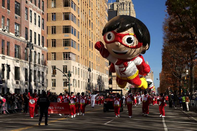 NEW YORK, NEW YORK - NOVEMBER 23: The Red Titan from Ryan’s World heads down the parade route during the Macy's Thanksgiving Day Parade on November 23, 2023 in New York City. (Photo by Michael Loccisano/Getty Images)