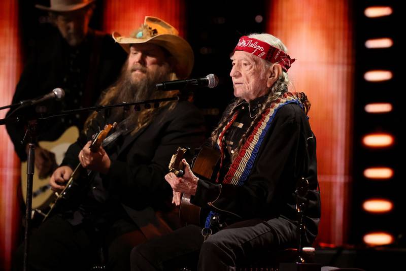 NEW YORK, NEW YORK - NOVEMBER 03: (L-R) Chris Stapleton and Willie Nelson perform onstage during the 38th Annual Rock & Roll Hall Of Fame Induction Ceremony at Barclays Center on November 03, 2023 in New York City. (Photo by Theo Wargo/Getty Images for The Rock and Roll Hall of Fame )