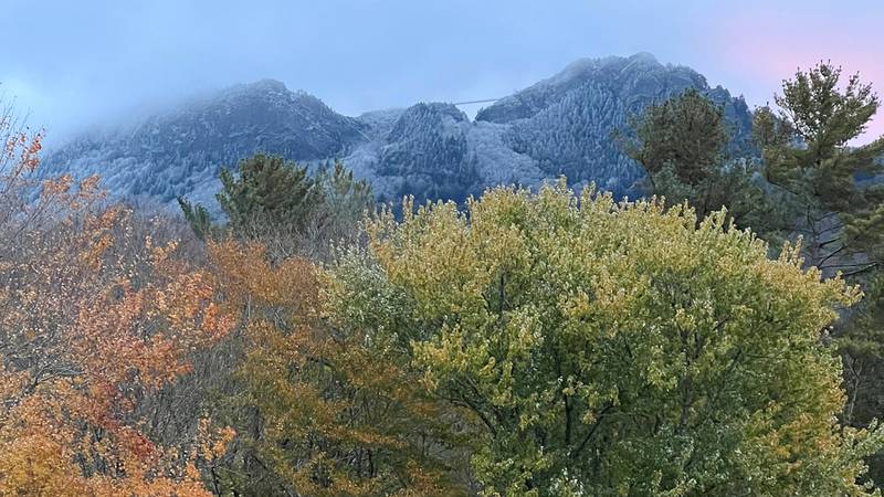 Oct. 19, 2022: Rime ice coats the highest elevations of the NC High Country after a 24-hour stretch of unseasonably cold temperatures. This early-morning view from Linville looks up at Grandfather Mountain’s iconic peaks and Mile High Swinging Bridge.