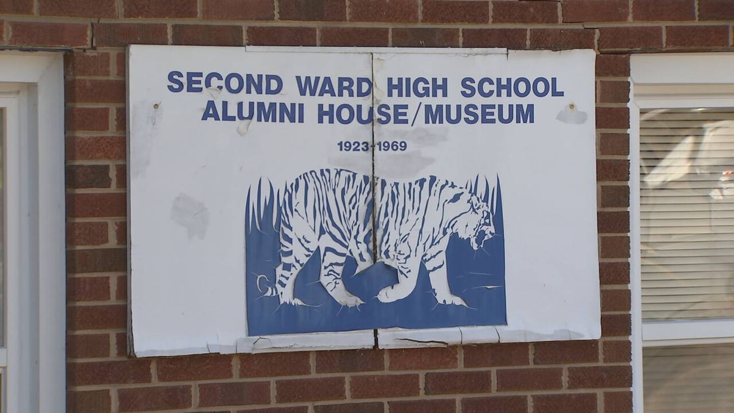 A sign on the Second Ward High School Alumni House shows wear decades after the museum opened.