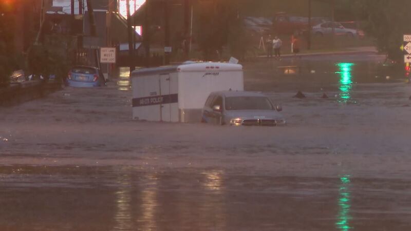 AUGUST 17, 2021 - Much of the Canton was underwater Tuesday, following major flooding along the Pigeon River. (Photo credit: WLOS staff)