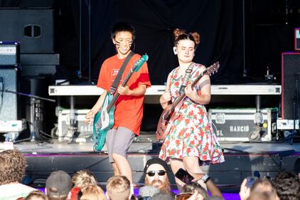 The Linda Lindas performs during the Savior Tour at PNC Music Pavilion on Aug. 26, 2024.