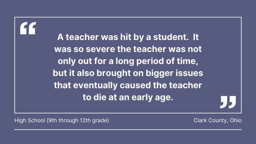 Cox Media Group gathered comments from teachers in Florida, Georgia, North Carolina, South Carolina, Ohio, Pennsylvania, Massachusetts, and Washington, about violence in the classroom.