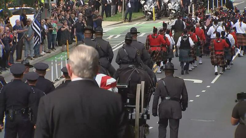 The procession and funeral for CMPD officer Joshua Eyer was held in Charlotte on Friday, May 3, 2024. Eyer was killed on Monday after a suspect opened fire on a task force that was attempting to serve an arrest warrant.