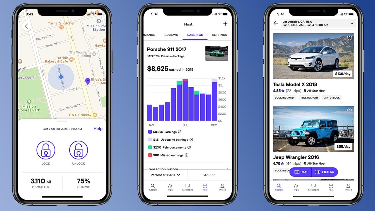 Screenshots of the peer-to-peer vehicle renting app Turo.