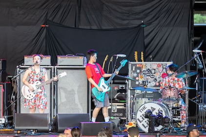 The Linda Lindas performs during the Savior Tour at PNC Music Pavilion on Aug. 26, 2024.