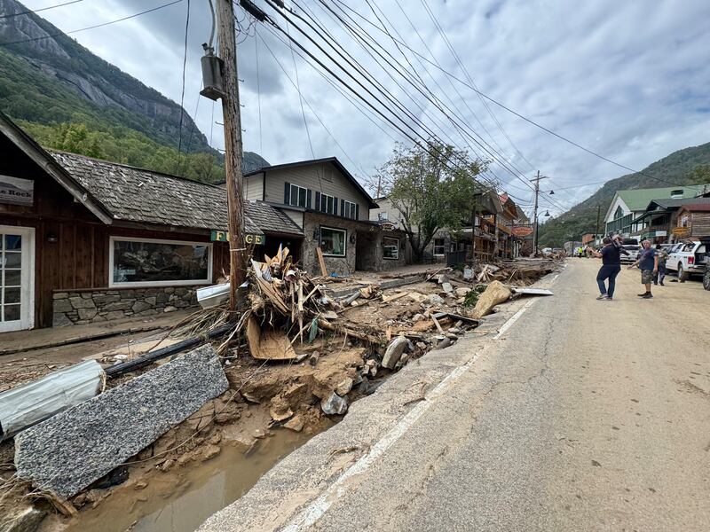 Damage left in Chimney Rock on Monday, Sept. 30, after flooding from Tropical Storm Helene