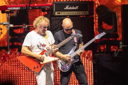 Sammy Hagar and Joe Satriani perform during the Best of All Worlds Tour at PNC Music Pavilion on July 19, 2024.