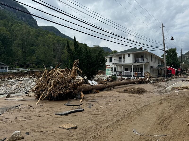 Damage left in Chimney Rock on Monday, Sept. 30, after flooding from Tropical Storm Helene