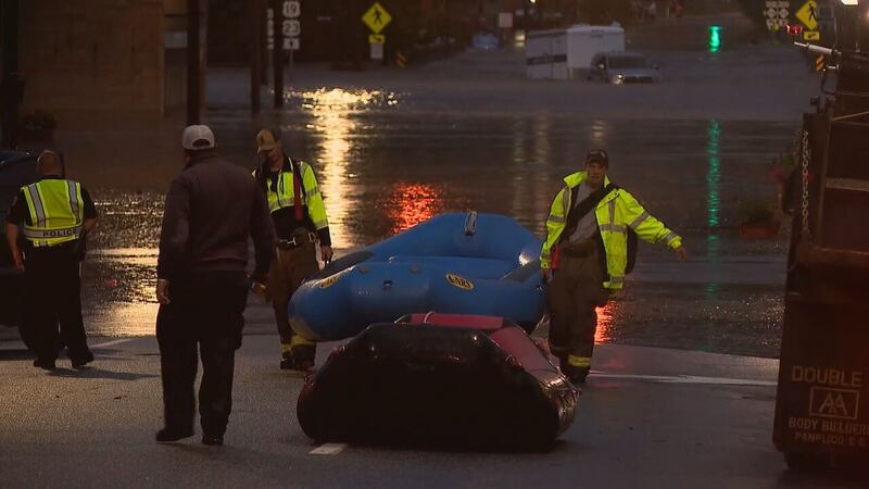 AUGUST 17, 2021 - Much of the Canton was underwater Tuesday, following major flooding along the Pigeon River. (Photo credit: WLOS staff)