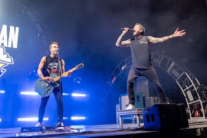 Simple Plan perform during the “Let The Bad Times Roll” tour at PNC Music Pavilion in Charlotte on Aug. 18, 2023.