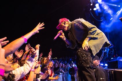 Machine Gun Kelly performs to a sold out crowd at Charlotte Metro Credit Union Amphitheatre. Oct. 27, 2021.