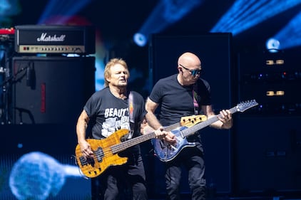 Michael Anthony and Joe Satriani perform during the Best of All Worlds Tour at PNC Music Pavilion on July 19, 2024.