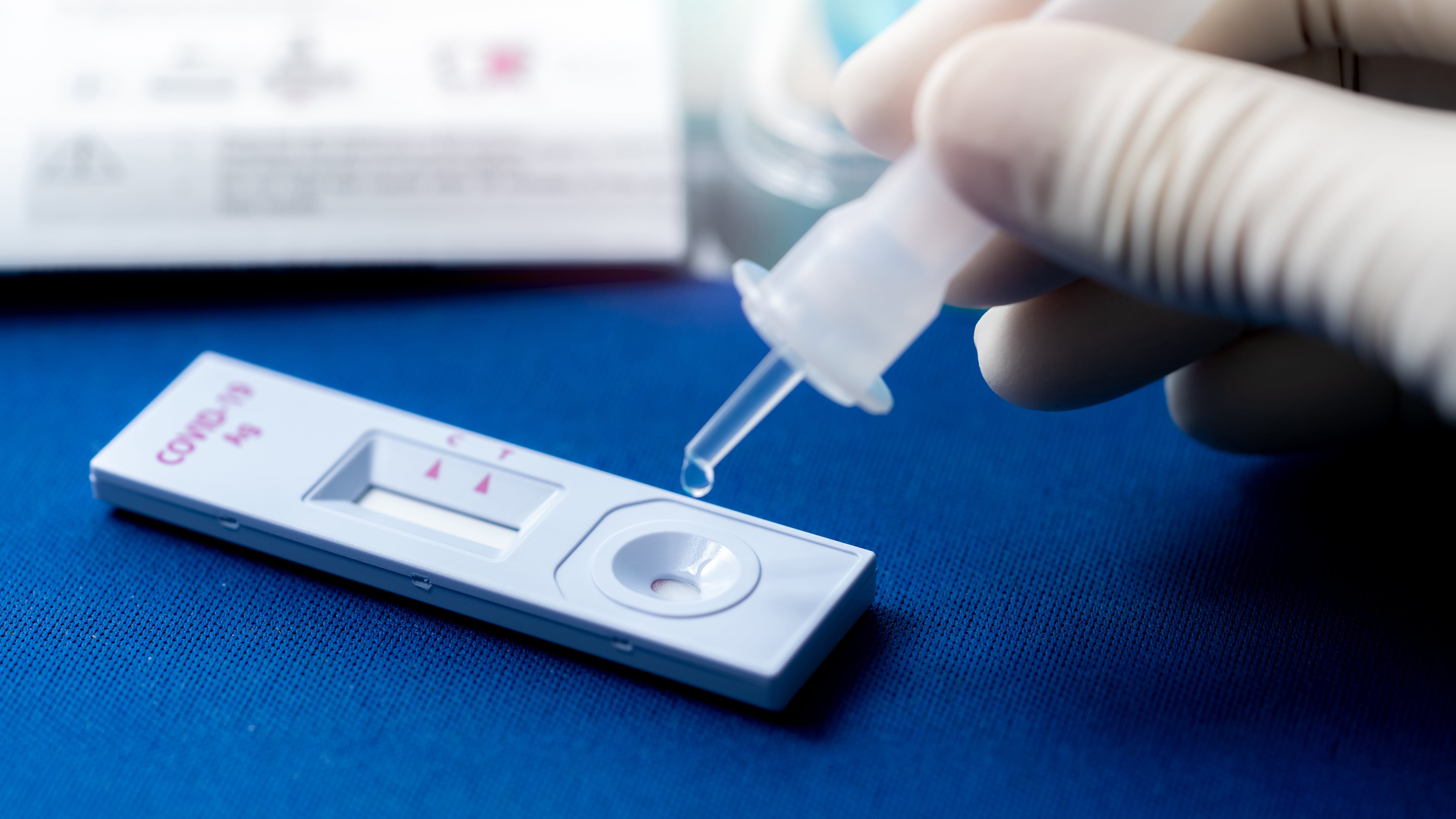 Hand holding sample tube and drops in the test device of covid 19 antigen self test. Antigen test kit for detection of coronavirus infection. Rapid antigen test. Coronavirus diagnosis. Medical device.