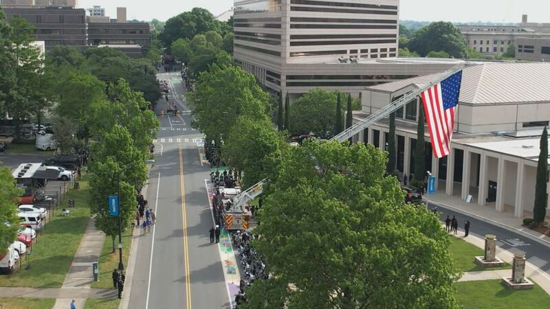 The procession and funeral for CMPD officer Joshua Eyer was held in Charlotte on Friday, May 3, 2024. Eyer was killed on Monday after a suspect opened fire on a task force that was attempting to serve an arrest warrant.