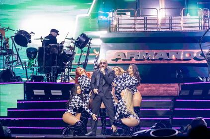 Pitbull performs during the Trilogy Tour at the Spectrum Center in Charlotte on March 2, 2024.