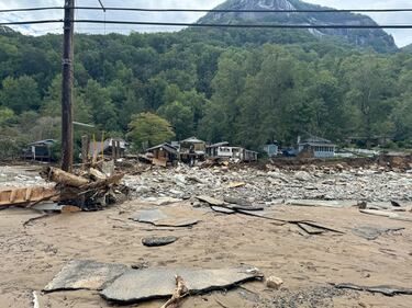 Damage left in Chimney Rock on Monday, Sept. 30, after flooding from Tropical Storm Helene