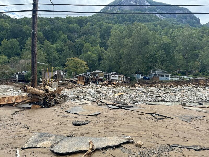 Damage left in Chimney Rock on Monday, Sept. 30, after flooding from Tropical Storm Helene