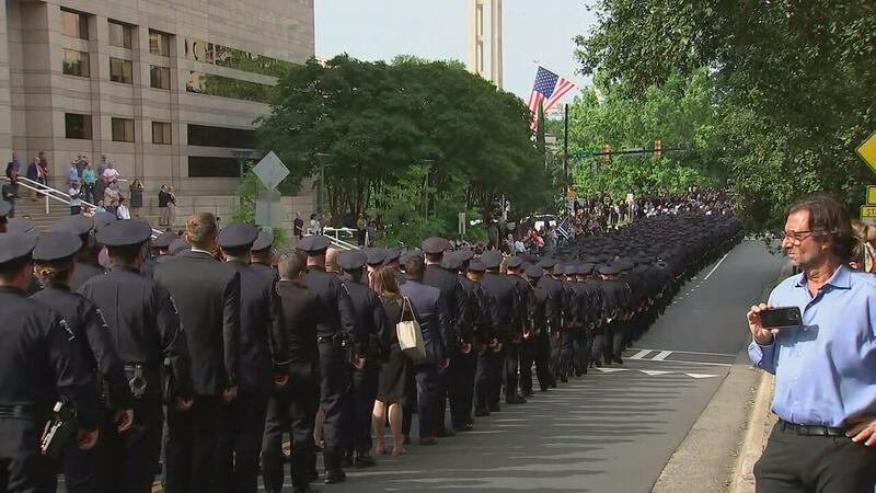 The procession and funeral for CMPD officer Joshua Eyer was held in Charlotte on Friday, May 3, 2024. Eyer was killed on Monday after a suspect opened fire on a task force that was attempting to serve an arrest warrant.