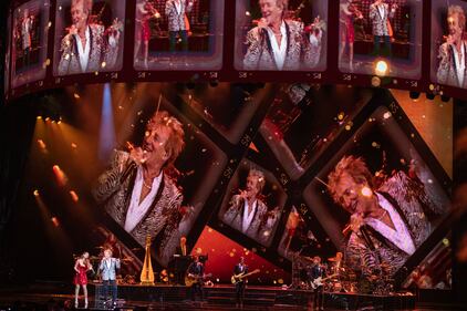 Singer Rod Stewart performs at PNC Music Pavilion in Charlotte on Aug. 26, 2022.
