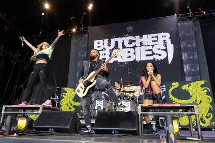 Butcher Babies perform before Mudvayne during the “Psychotherapy Sessions” tour at PNC Music Pavilion in Charlotte on July 23, 2023.