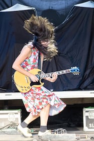 The Linda Lindas performs during the Savior Tour at PNC Music Pavilion on Aug. 26, 2024.